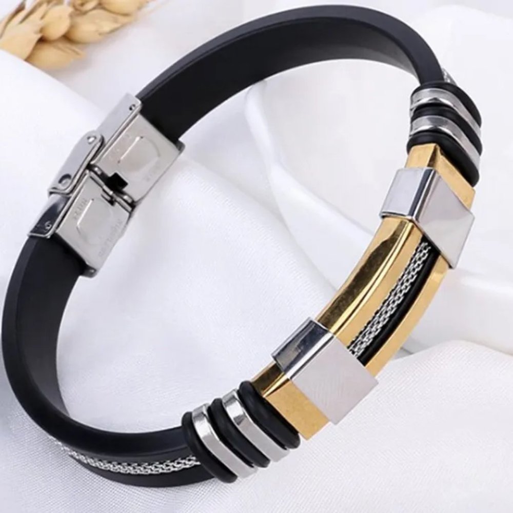 Spiral Stripe Bangle Bracelet Rubber Gold Size 8.5 NEW